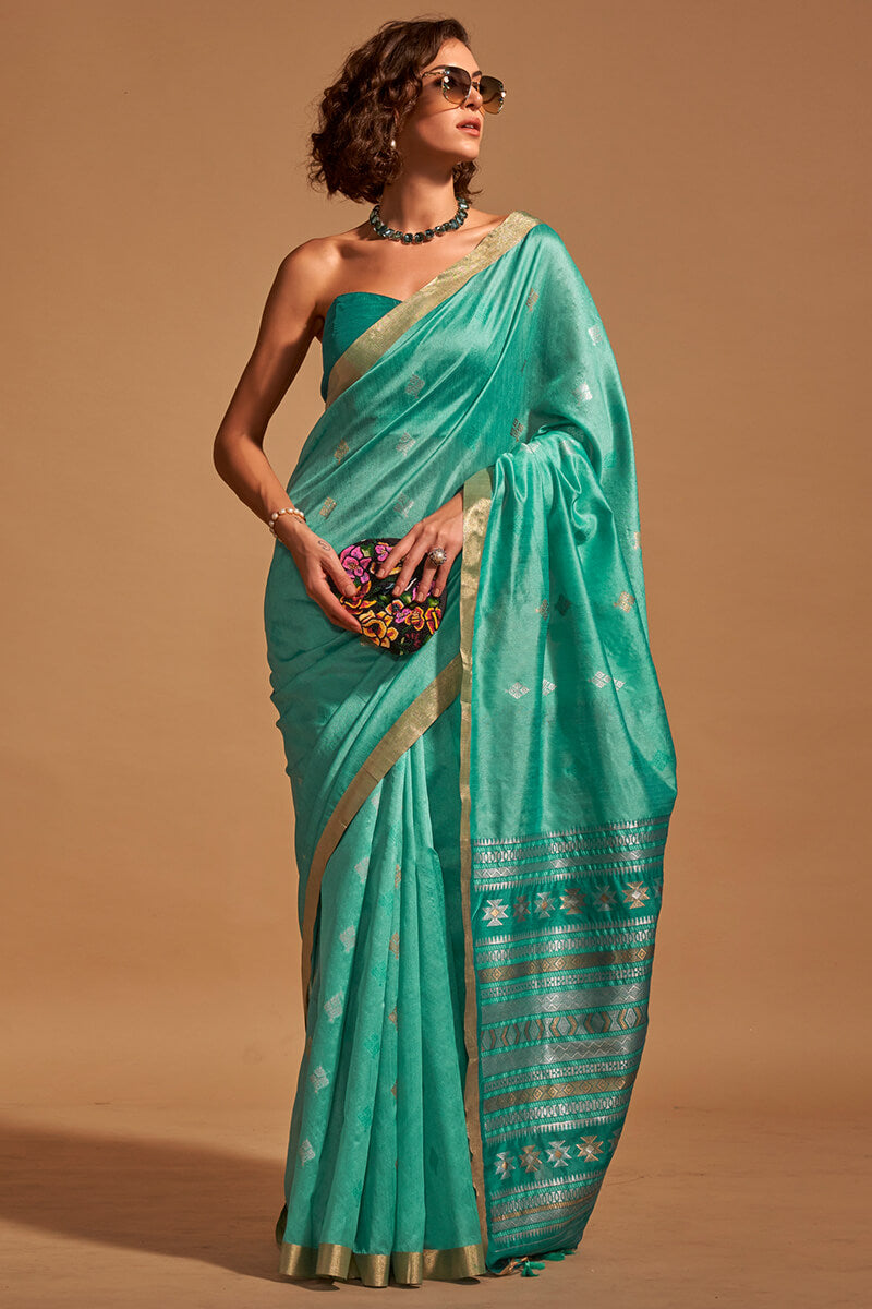 Classic Sea Green Soft Banarasi Silk Saree With Bewitching Blouse Piece