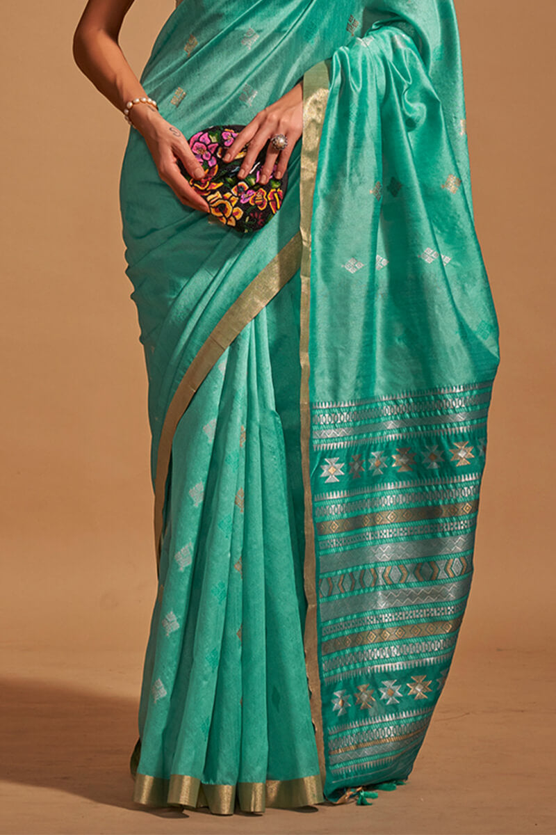 Classic Sea Green Soft Banarasi Silk Saree With Bewitching Blouse Piece