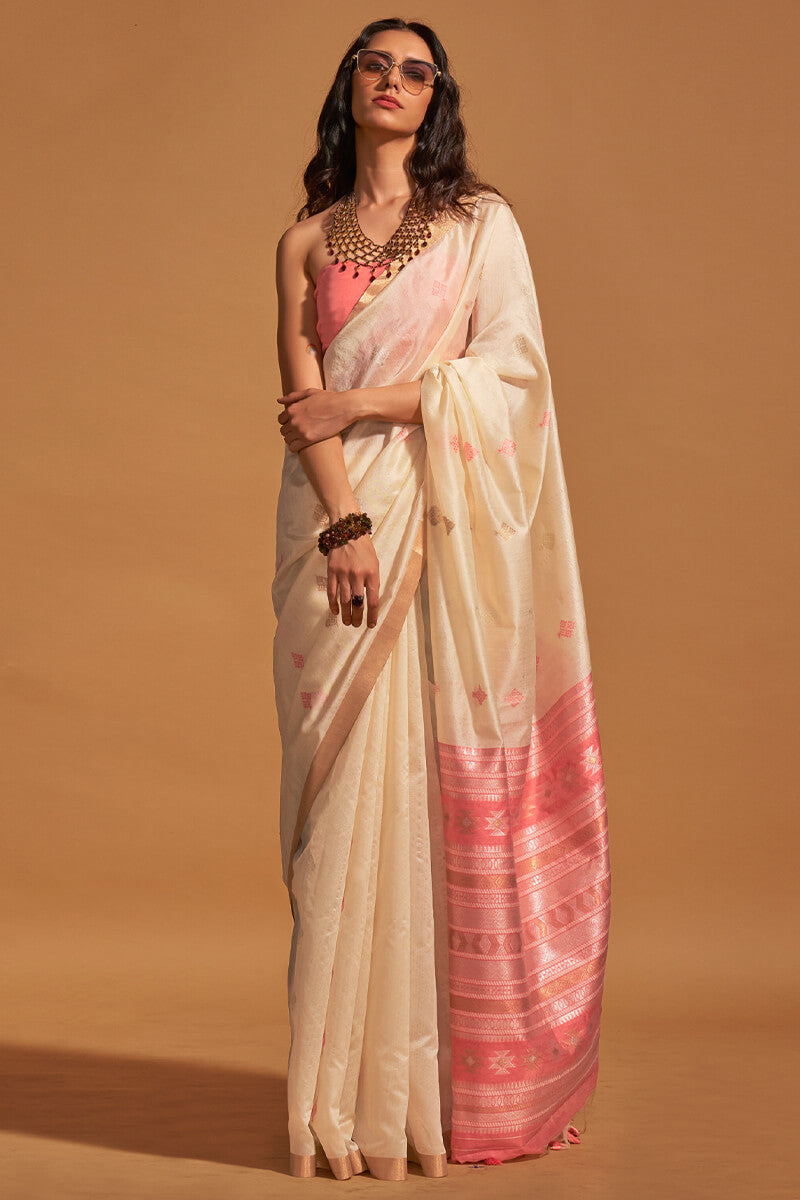 Classy Beige Soft Banarasi Silk Saree With Outstanding Blouse Piece