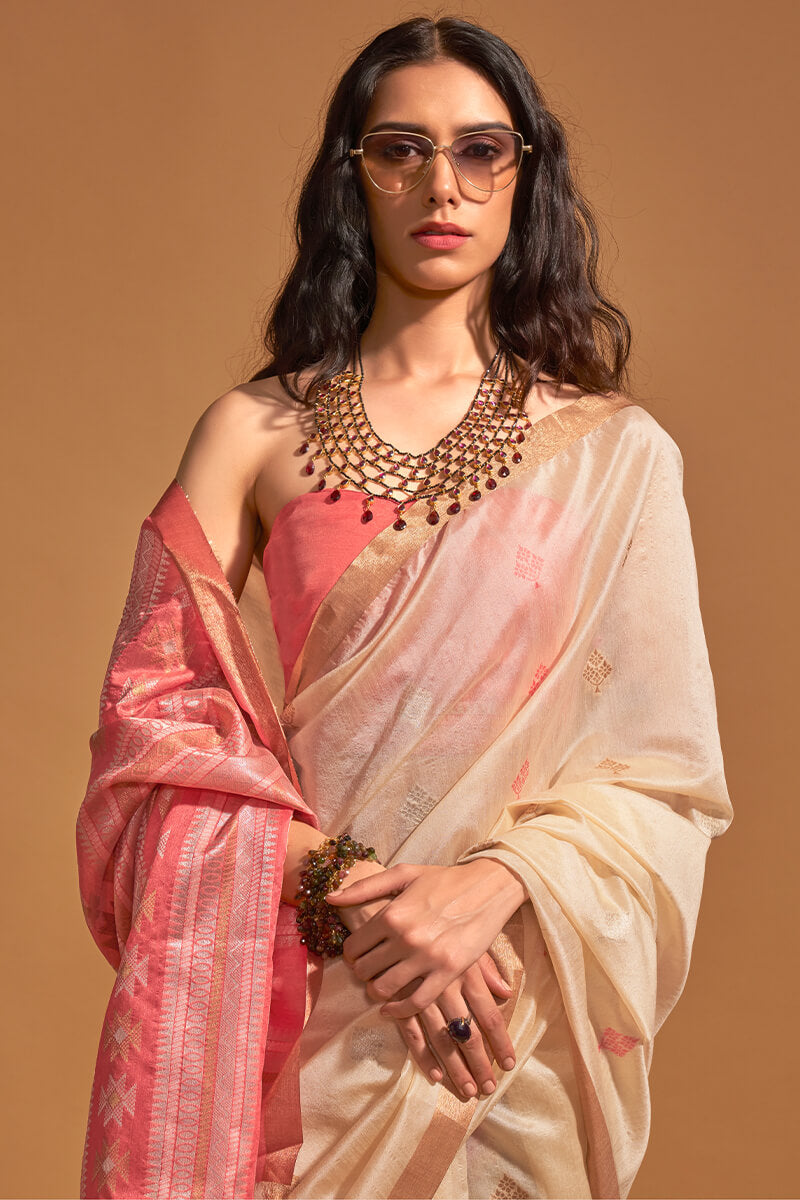 Classy Beige Soft Banarasi Silk Saree With Outstanding Blouse Piece