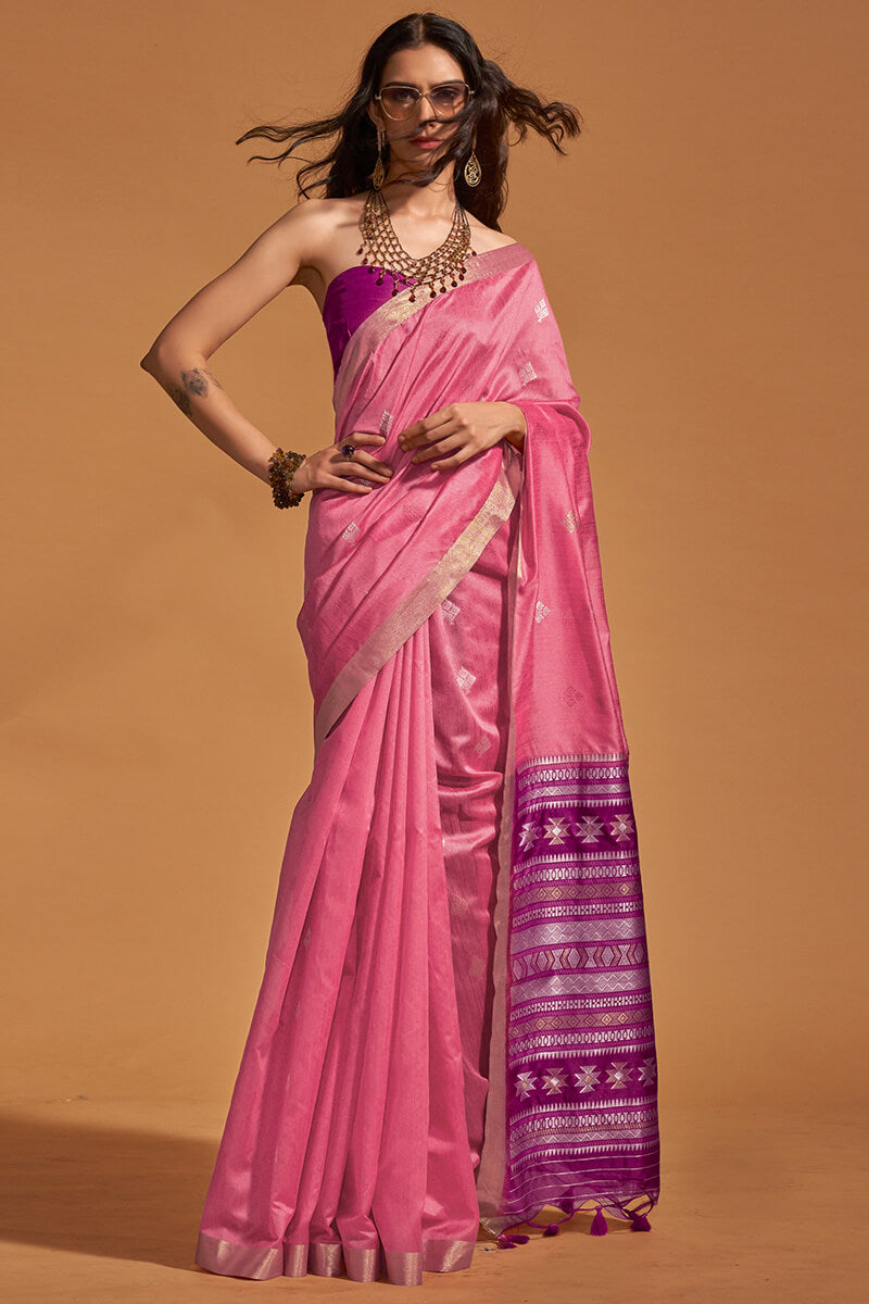 Blooming Pink Soft Banarasi Silk Saree With Delightful Blouse Piece