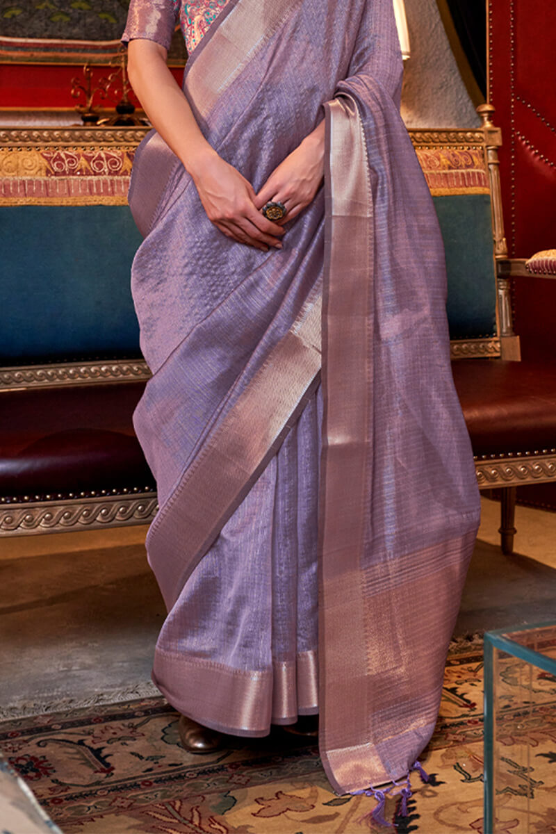 Exquisite Lavender Soft Banarasi Silk Saree With Alluring Blouse Piece