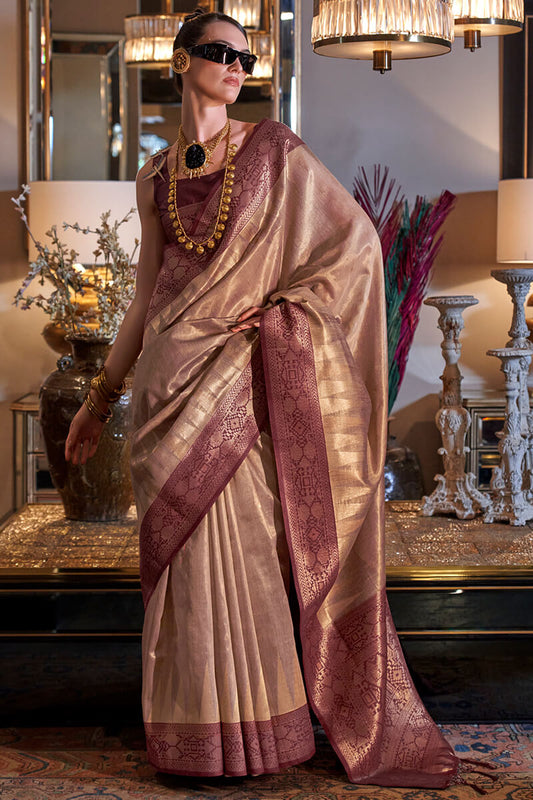 Deserving Dark Beige Soft Banarasi Silk Saree With Surpassing Blouse Piece