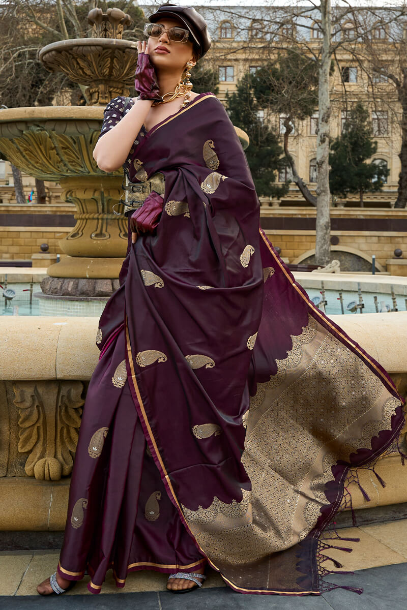 Beautiful Wine Banarasi Satin Silk Saree With Desiring Blouse