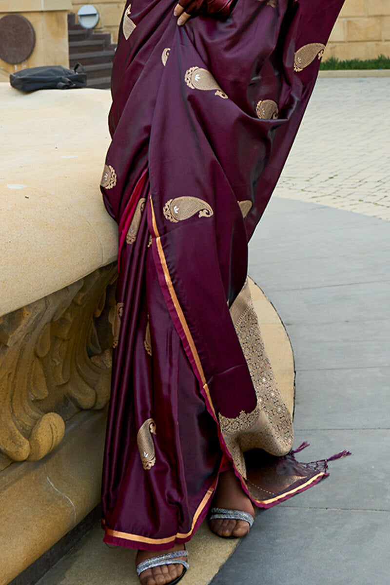 Beautiful Wine Banarasi Satin Silk Saree With Desiring Blouse