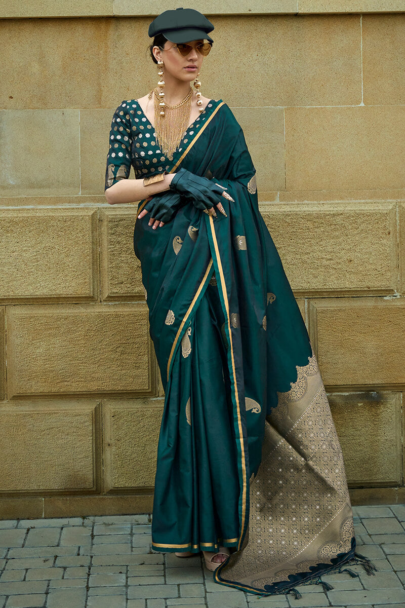 Entrancing Dark Green Banarasi Satin Silk Saree With Effervescent Blouse