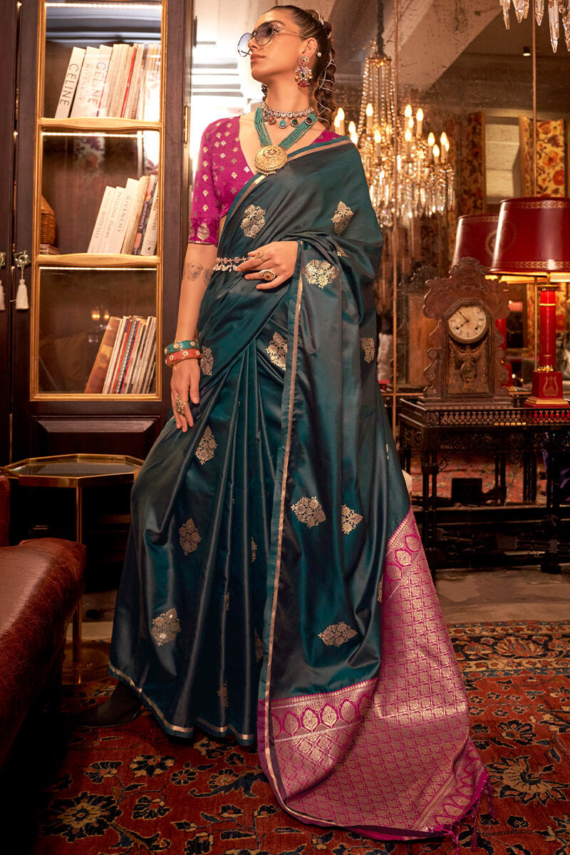 Bucolic Dark Green Banarasi Satin Silk Saree With Entrancing Blouse