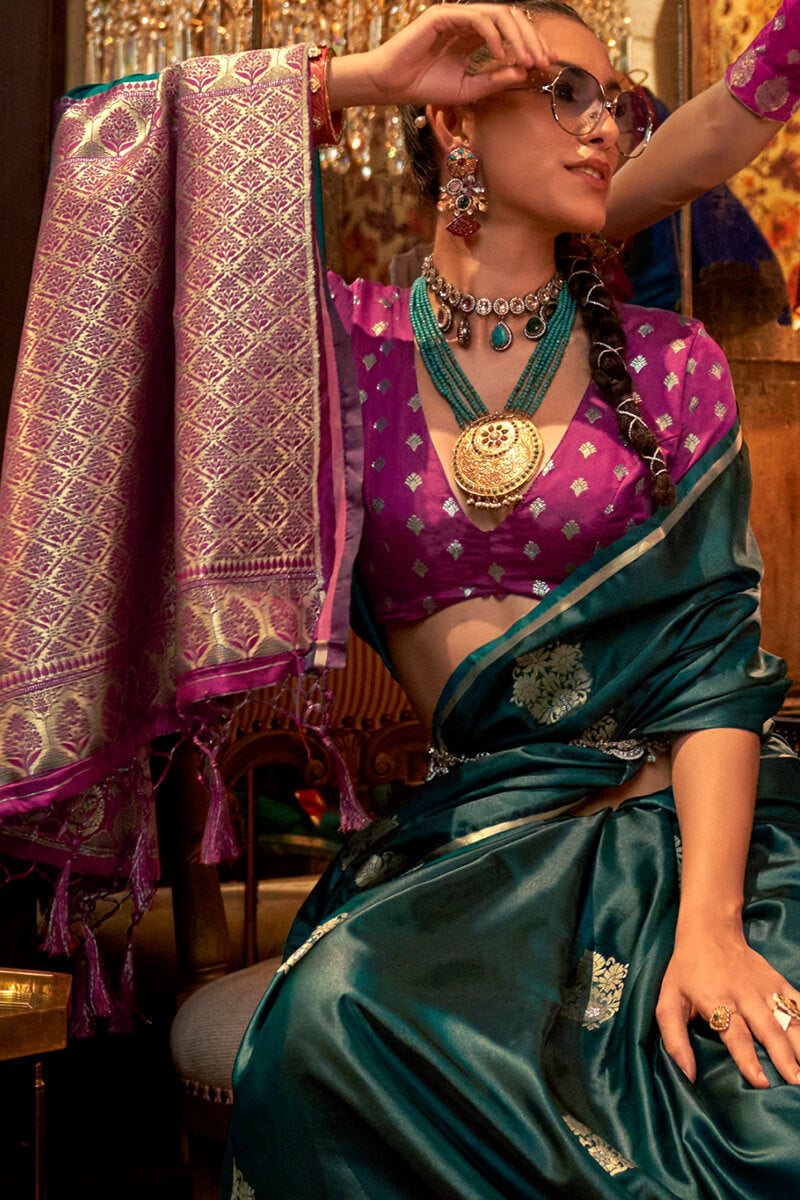 Bucolic Dark Green Banarasi Satin Silk Saree With Entrancing Blouse