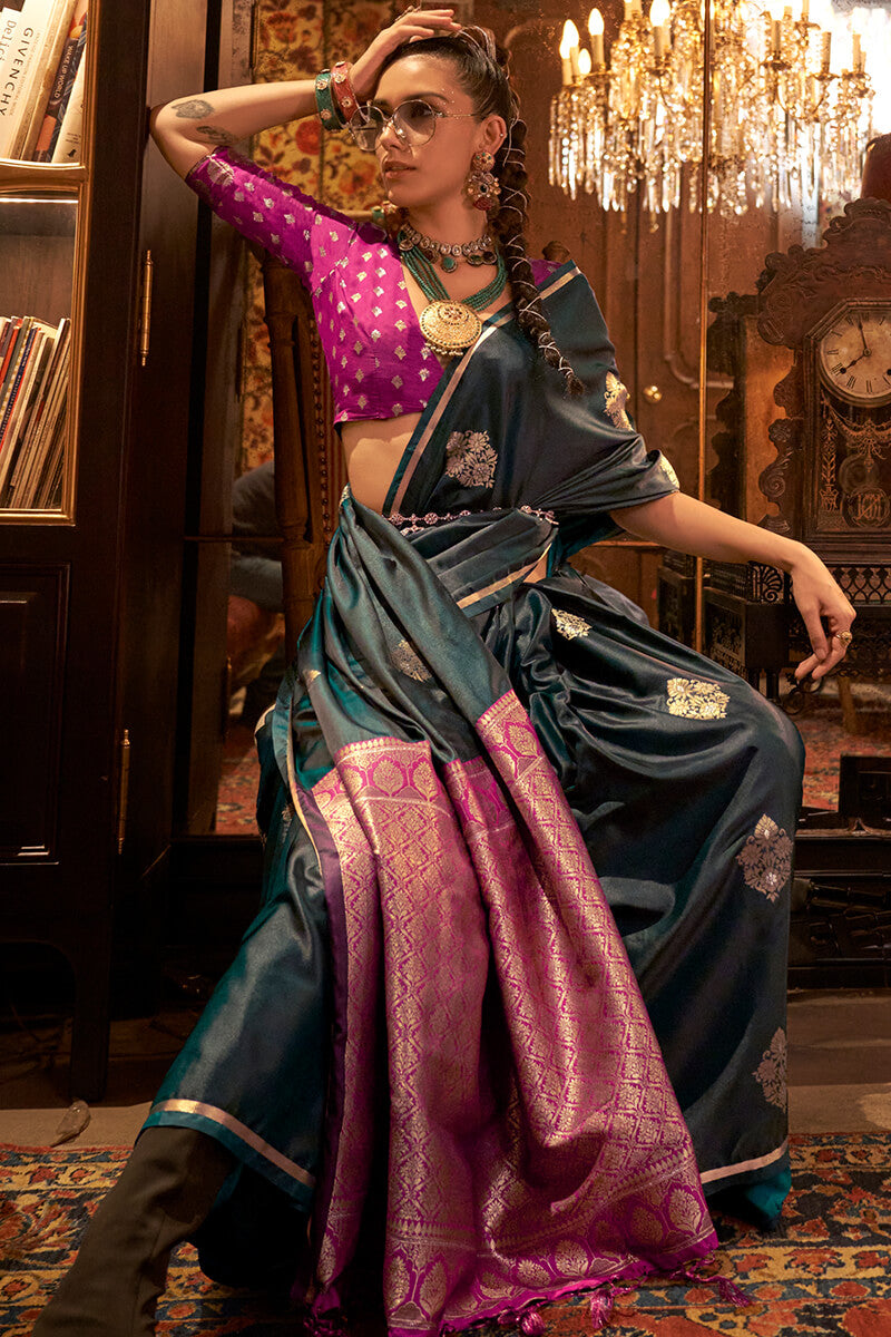 Bucolic Dark Green Banarasi Satin Silk Saree With Entrancing Blouse