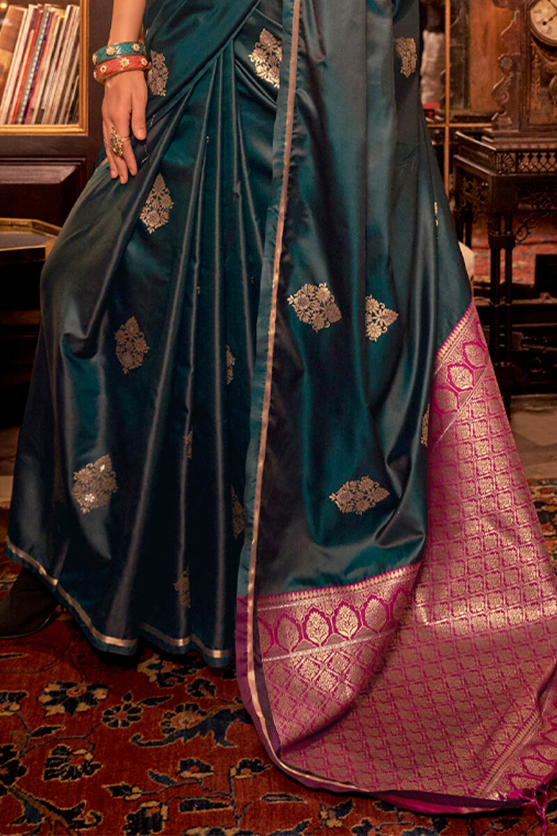 Bucolic Dark Green Banarasi Satin Silk Saree With Entrancing Blouse