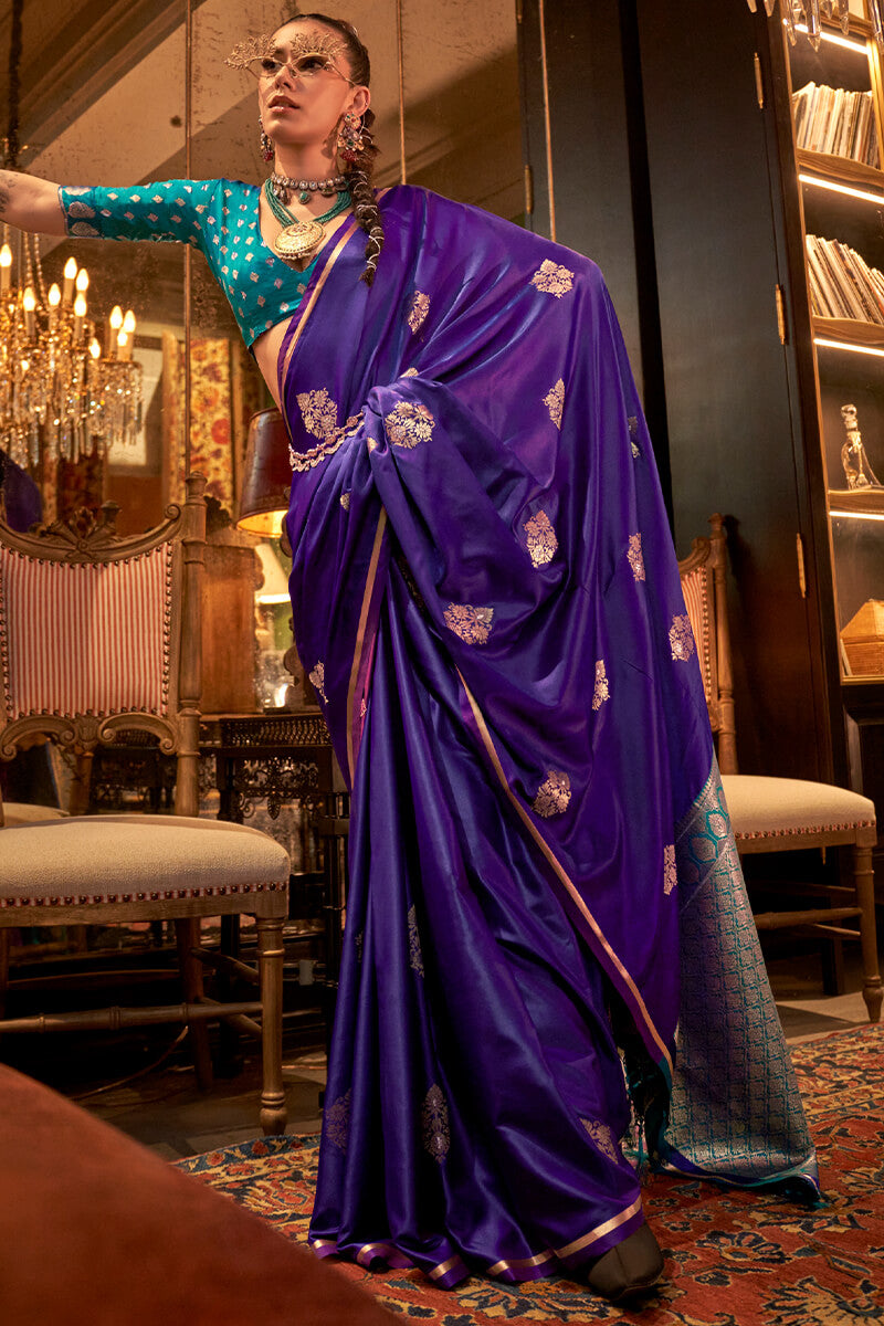 Hypnotic Purple Banarasi Satin Silk Saree With Glorious Blouse