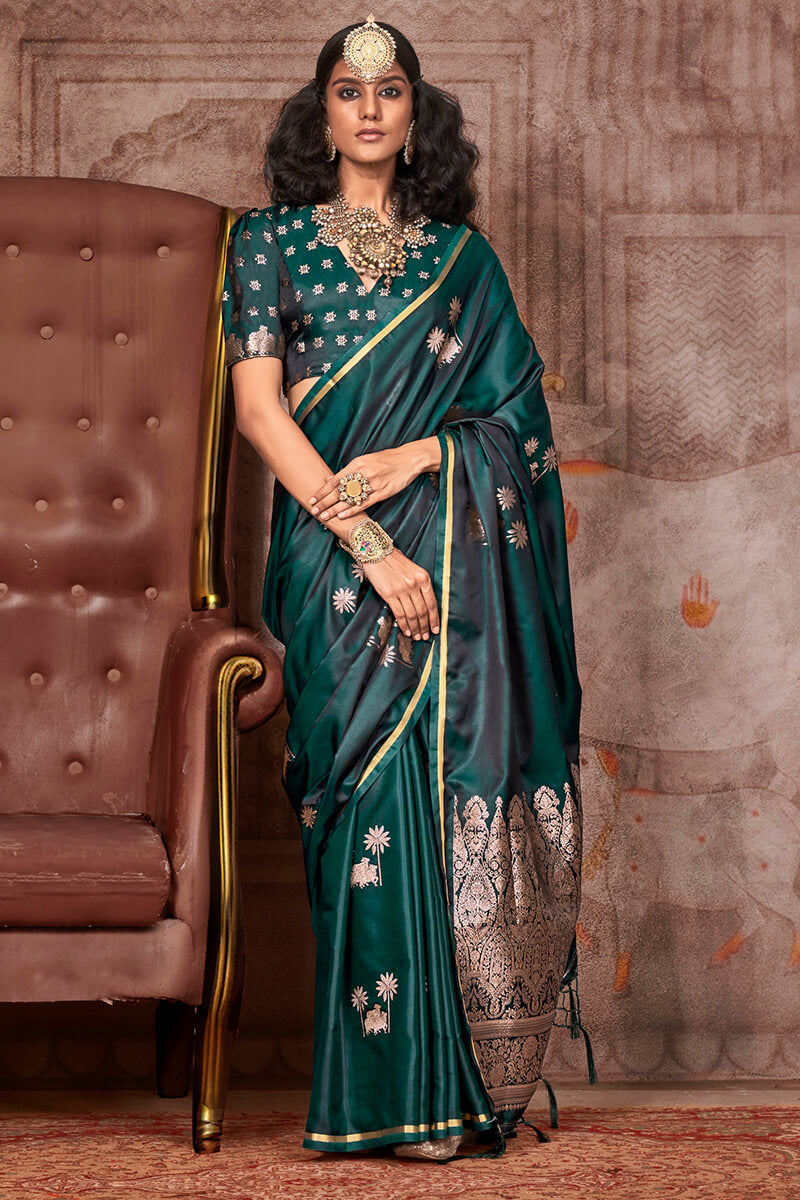 Fairytale Dark Green Banarasi Satin Silk Saree With Angelic Blouse