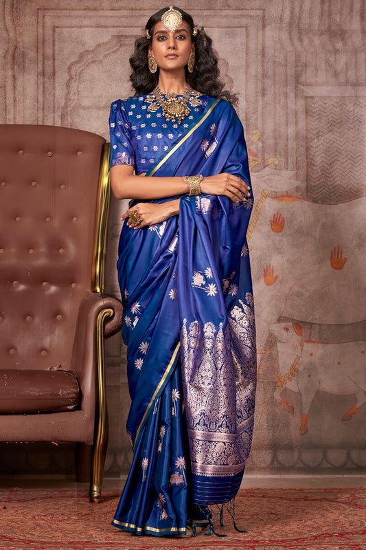 Desuetude Navy Blue Banarasi Satin Silk Saree With Fugacious Blouse