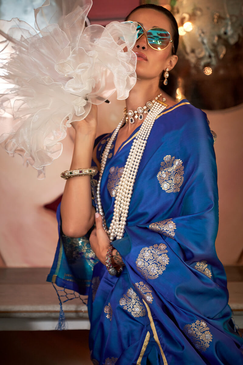 Adorable Blue Banarasi Satin Silk Saree With Exceptional Blouse