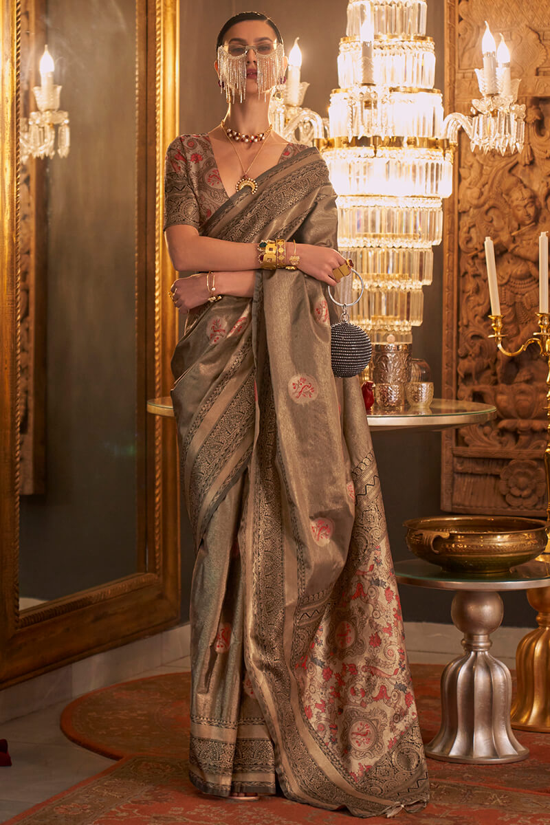 Designer Grey Soft Banarasi Silk Saree With Desiring Blouse Piece