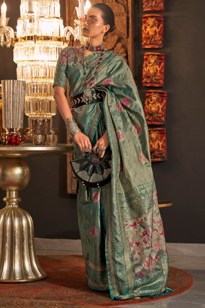 Adorable Rama Soft Banarasi Silk Saree With Delightful Blouse Piece