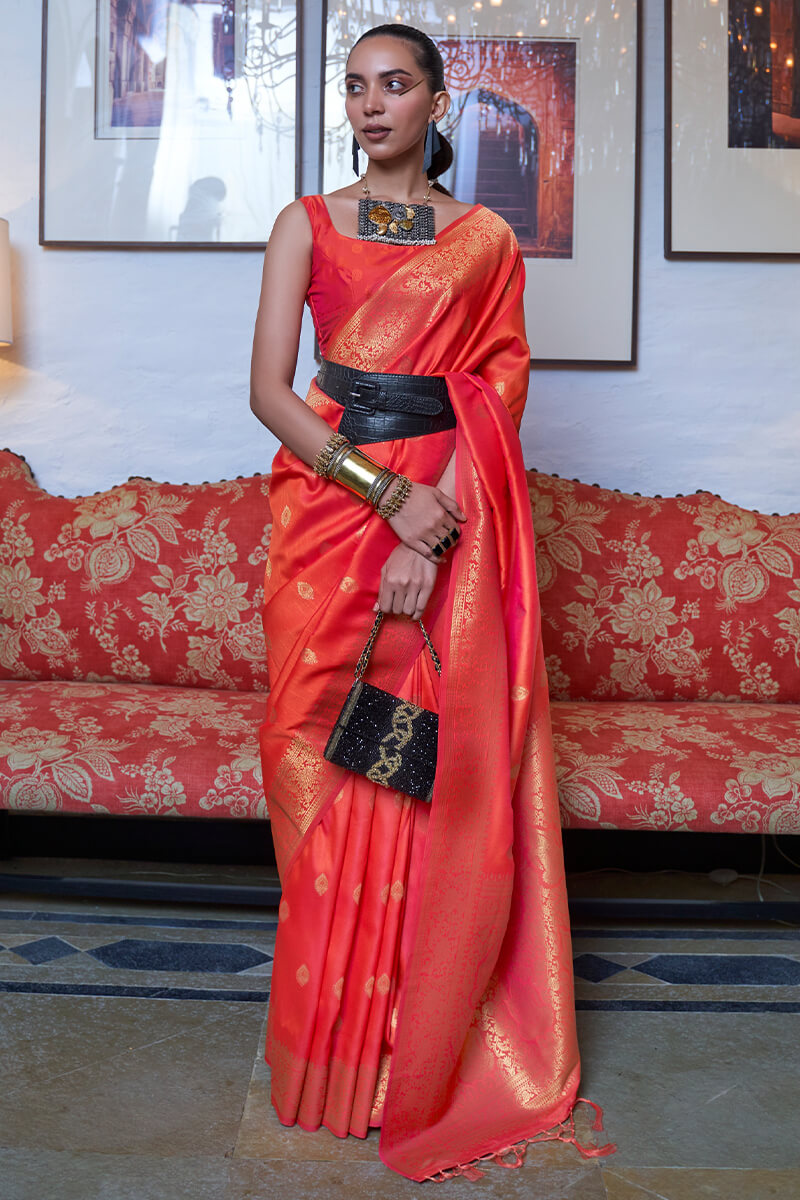 Beleaguer Orange Banarasi Silk Saree With Evocative Blouse Piece