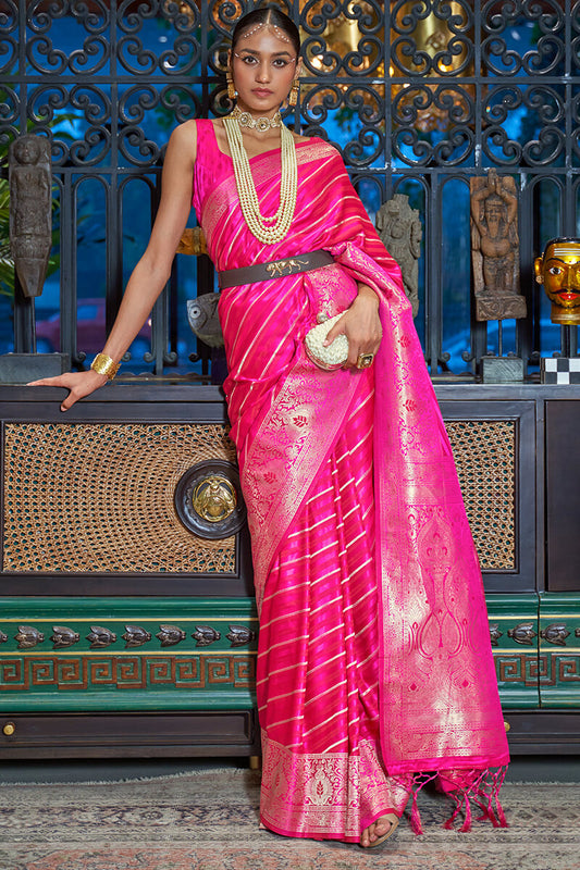 Diaphanous Dark Pink Soft Banarasi Silk Saree With Palimpsest Blouse Piece