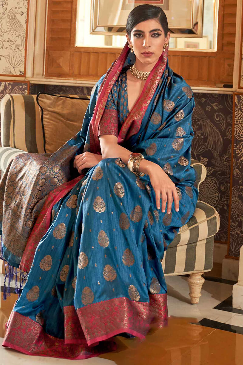 Mellifluous Blue Soft Banarasi Silk Saree With Scintilla Blouse Piece