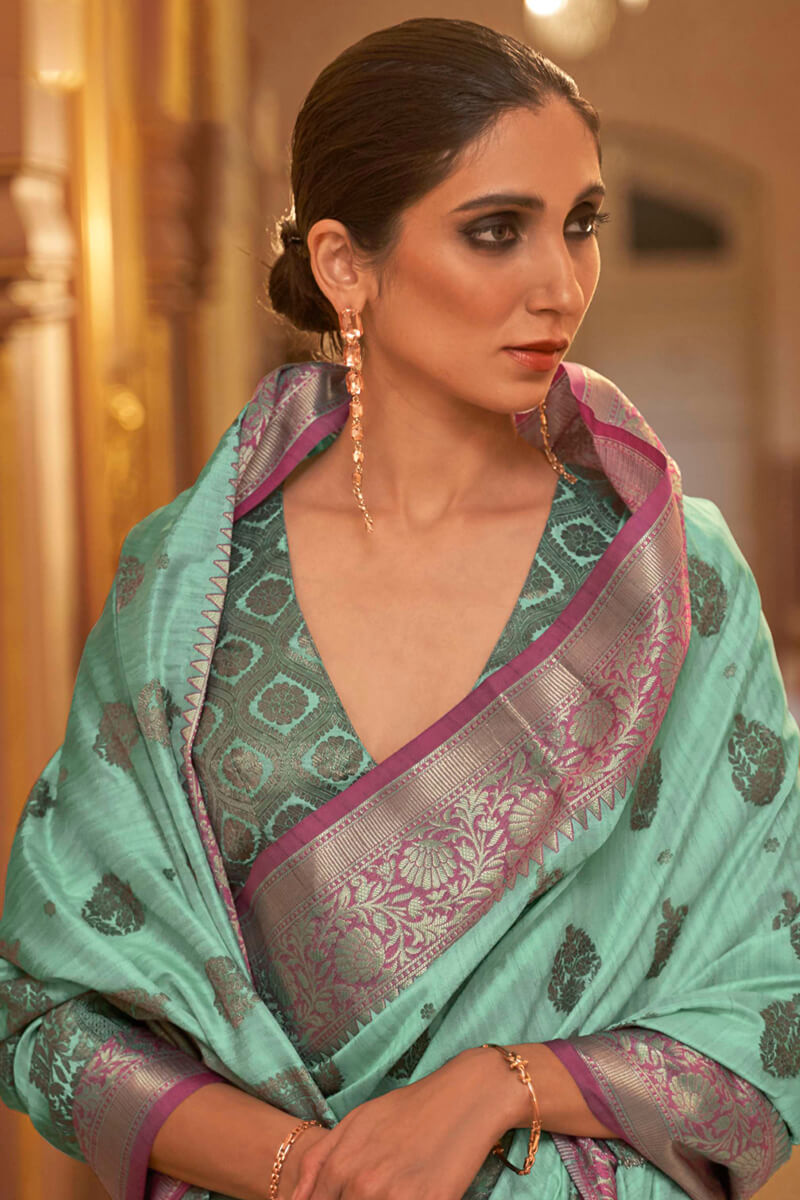 Lissome Sea Green Soft Banarasi Silk Saree With Ebullience Blouse Piece