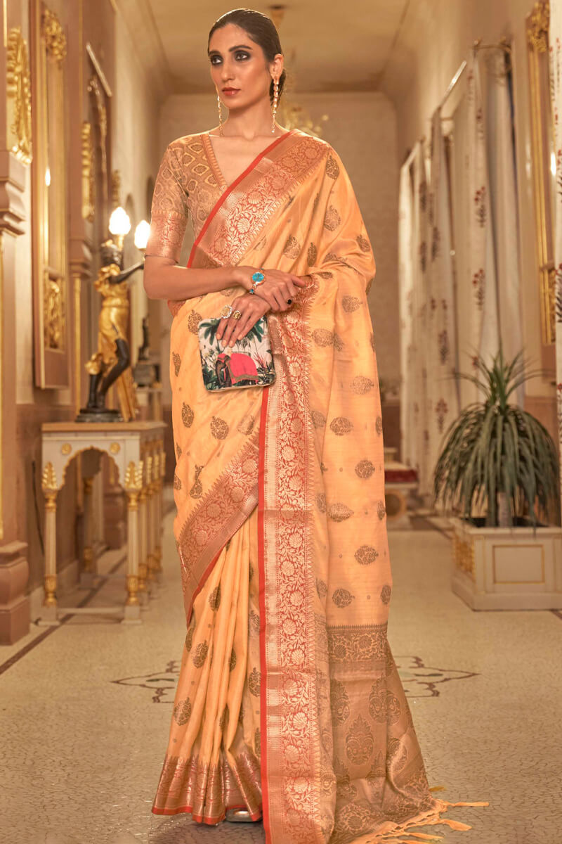 Breathtaking Orange Soft Banarasi Silk Saree With Breathtaking Blouse Piece