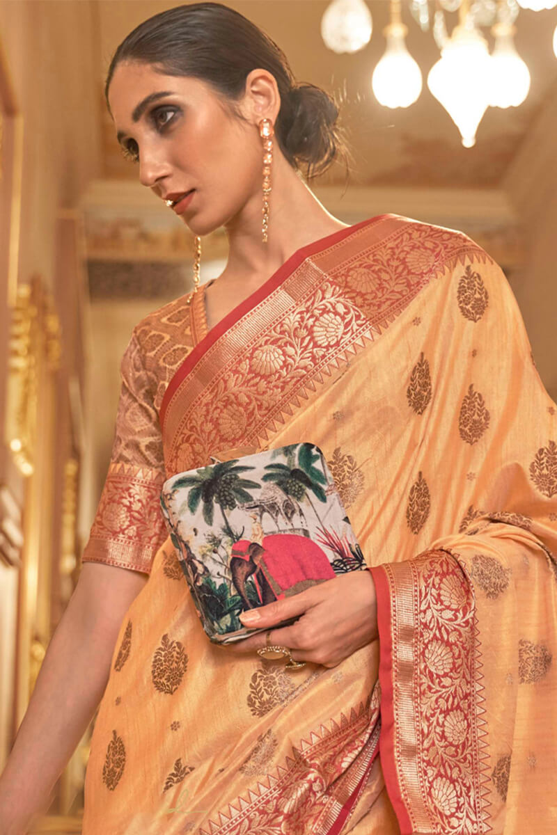 Breathtaking Orange Soft Banarasi Silk Saree With Breathtaking Blouse Piece