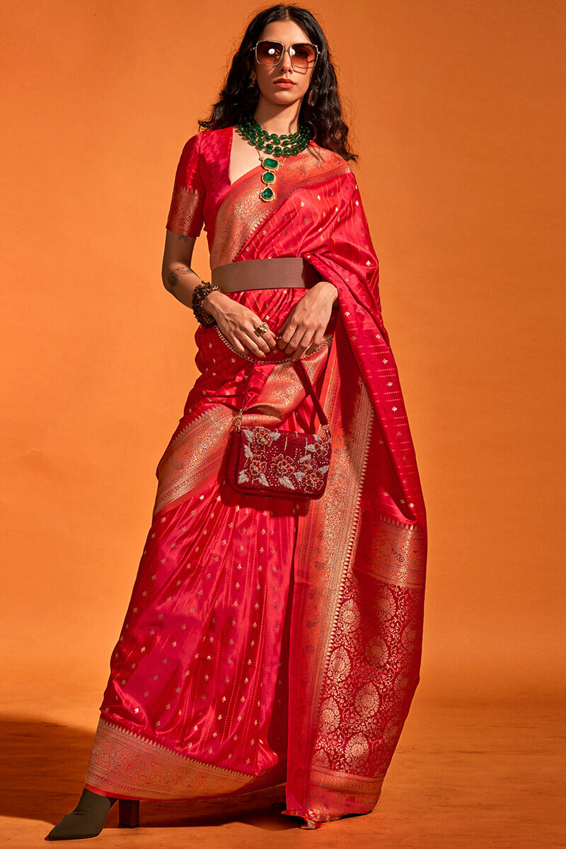 Demure Red Soft Banarasi Silk Saree With Vibrant Blouse Piece