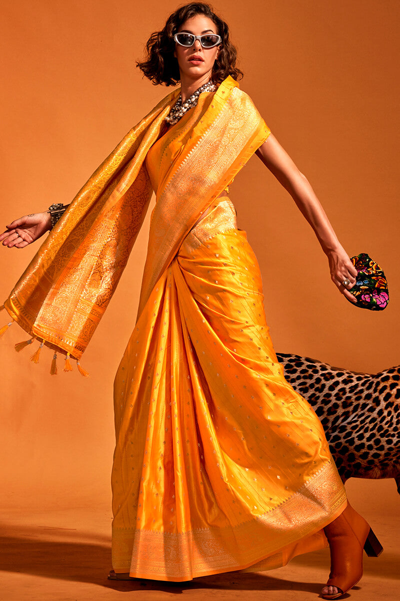 Excellent Yellow Soft Banarasi Silk Saree With Allure Blouse Piece