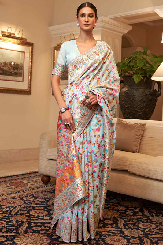 Exuberant Sky Pashmina saree With Ratatouille Blouse Piece