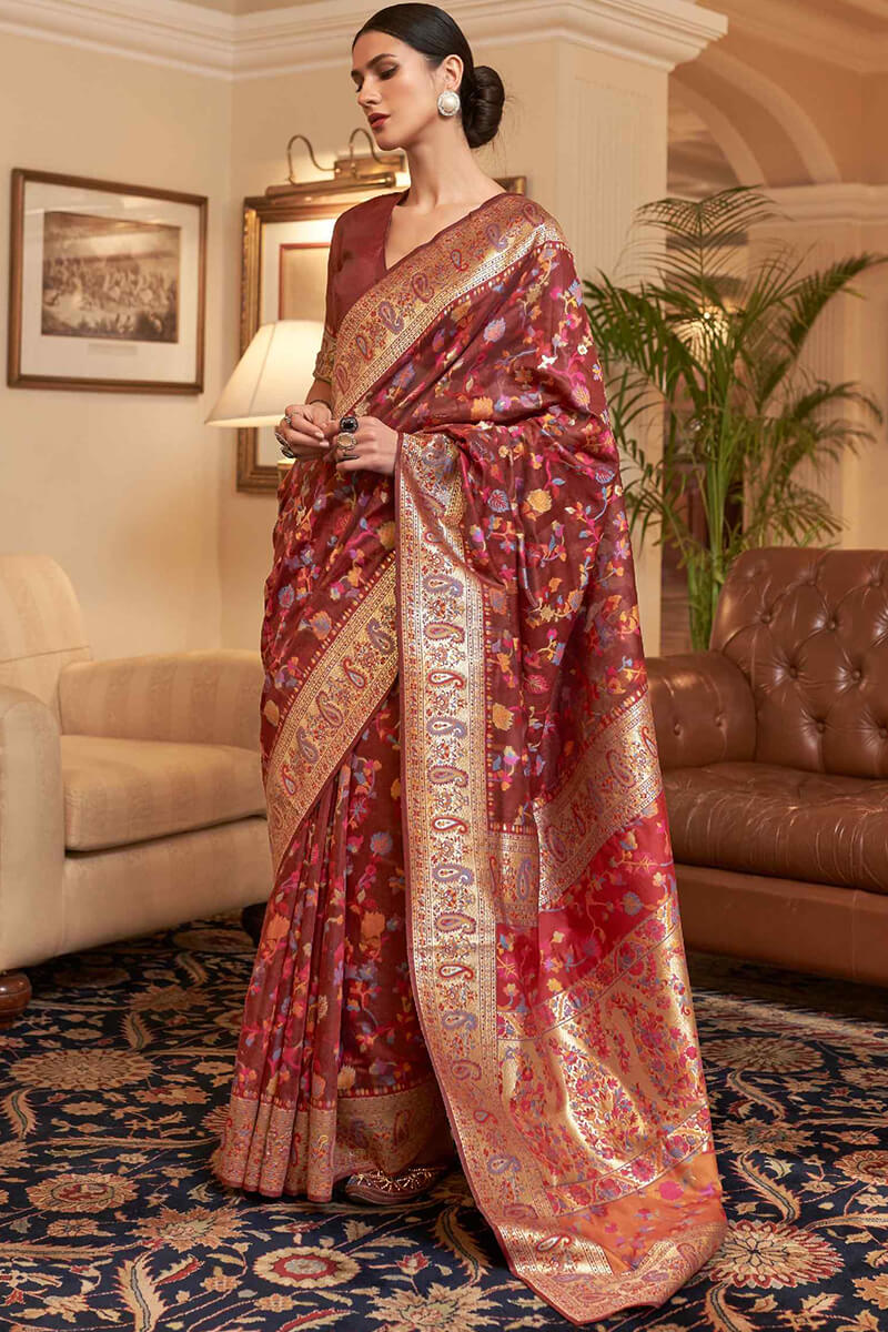 Exuberant Maroon Pashmina saree With Ratatouille Blouse Piece