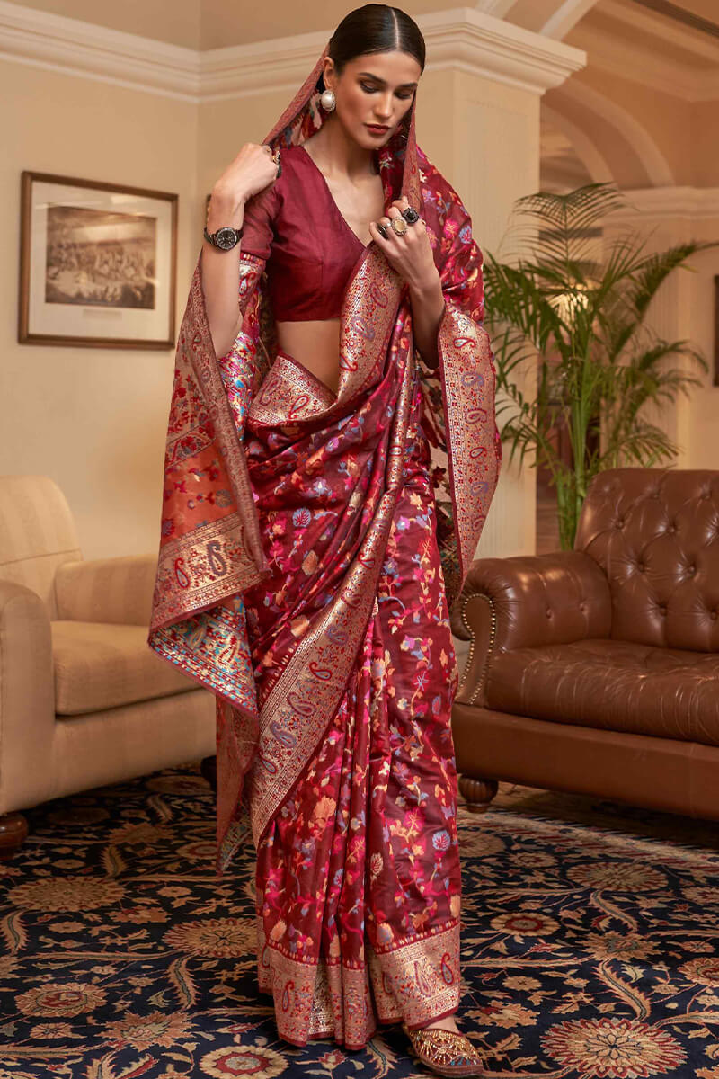 Exuberant Maroon Pashmina saree With Ratatouille Blouse Piece