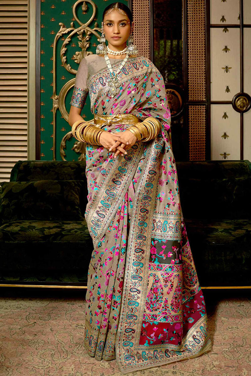 Exuberant Grey Pashmina saree With Ratatouille Blouse Piece