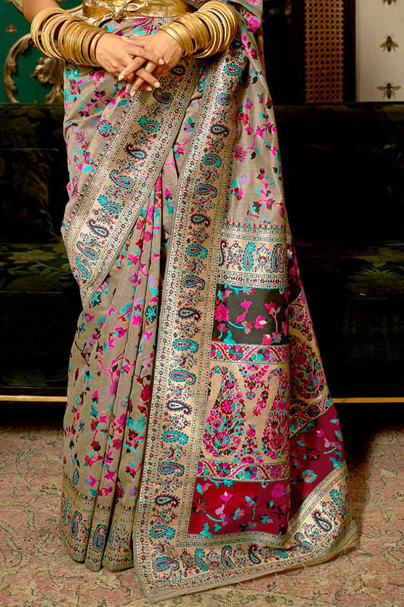 Exuberant Grey Pashmina saree With Ratatouille Blouse Piece