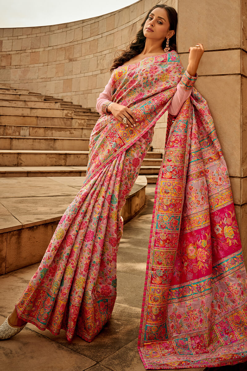 Adorable Pink Pashmina Saree With Exceptional Blouse Piece