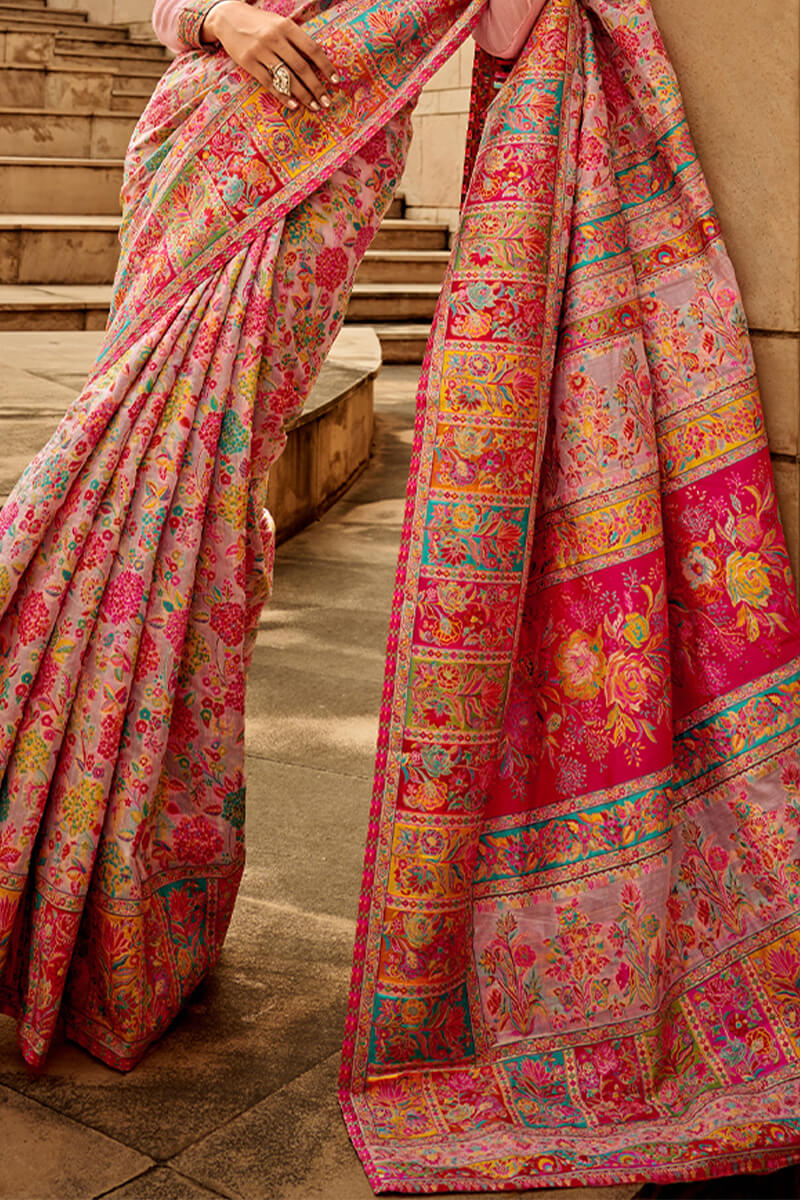 Adorable Pink Pashmina Saree With Exceptional Blouse Piece