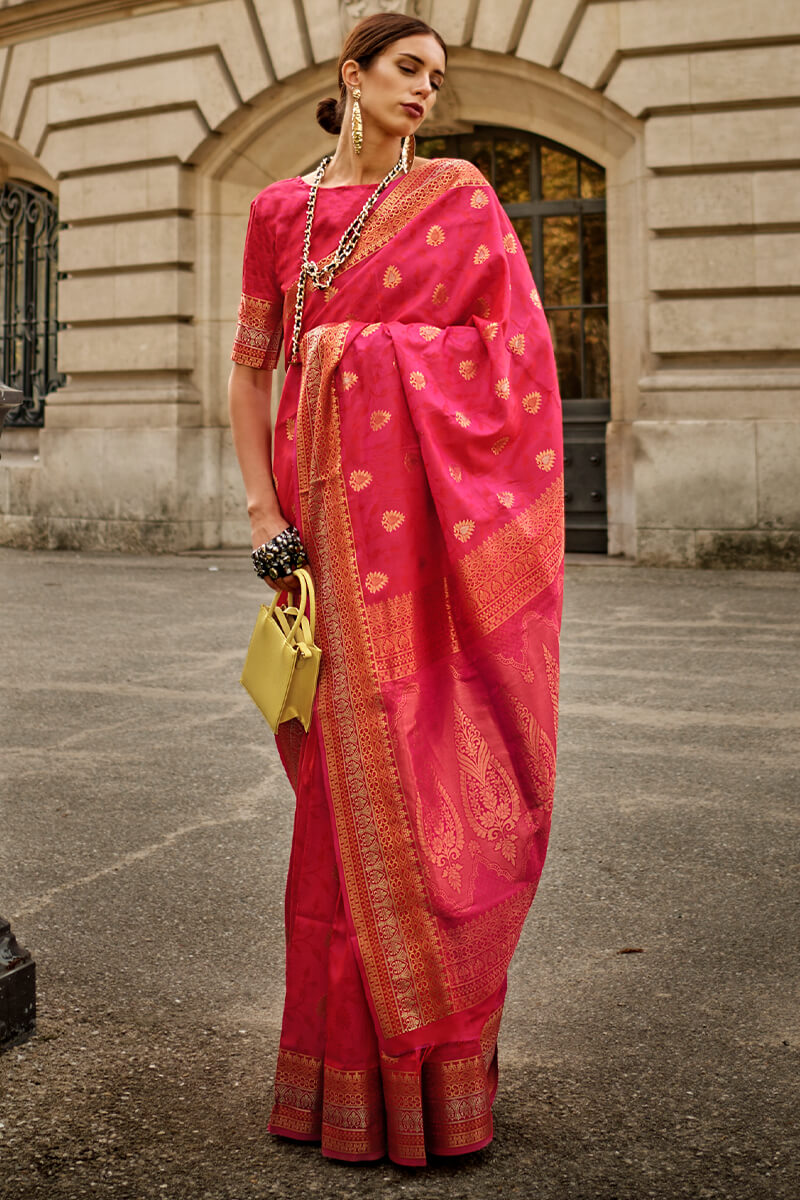 Elegant Dark Pink Soft Banarasi Silk Saree With Pretty Blouse Piece