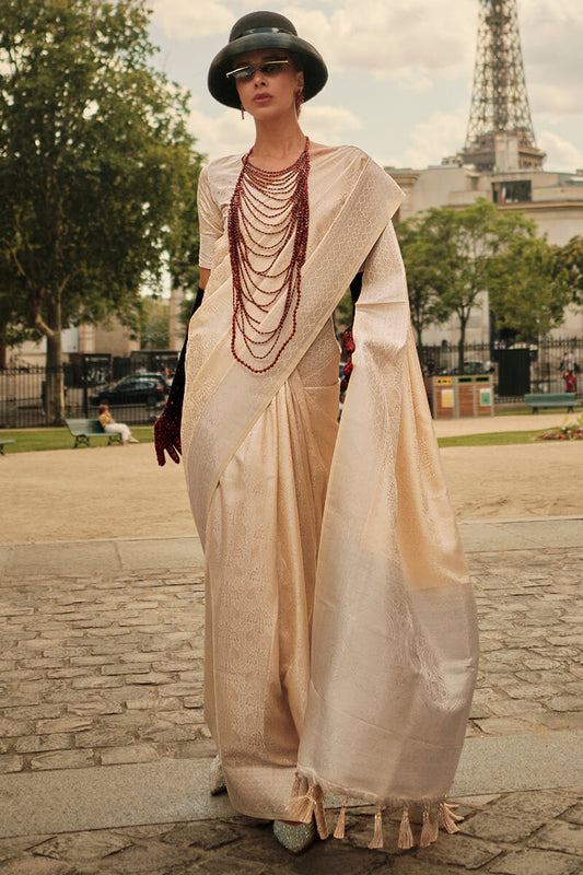 Marvellous Beige Soft Banarasi Silk Saree With Resonant Blouse Piece