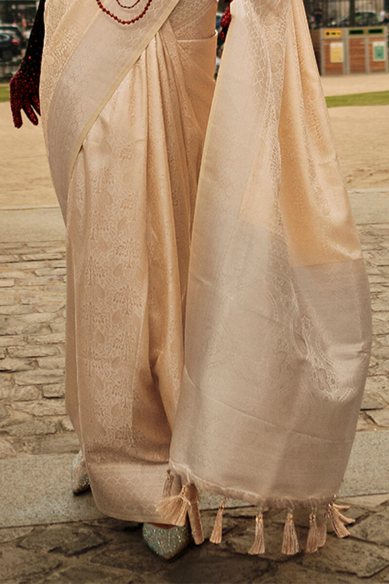 Marvellous Beige Soft Banarasi Silk Saree With Resonant Blouse Piece