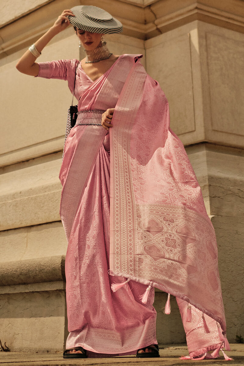 Majesty Pink Soft Banarasi Silk Saree With Rhapsody Blouse Piece