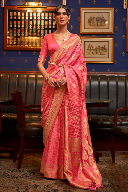 Marvellous Pink Soft Banarasi Silk Saree With Innovative Blouse Piece