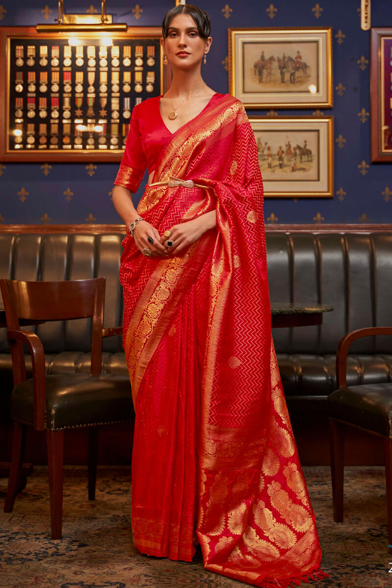 Extraordinary Red Soft Banarasi Silk Saree With Lovely Blouse Piece