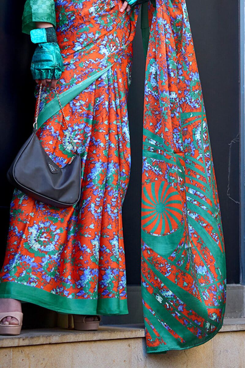 Beguiling Orange Digital Printed Satin Silk Saree With Embellished Blouse Piece