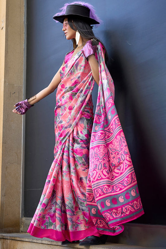 Beautiful Pink Digital Printed Satin Silk Saree With Outstanding Blouse Piece