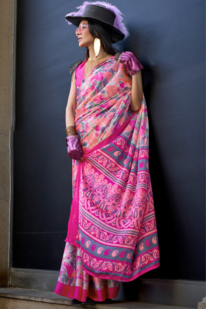 Beautiful Pink Digital Printed Satin Silk Saree With Outstanding Blouse Piece