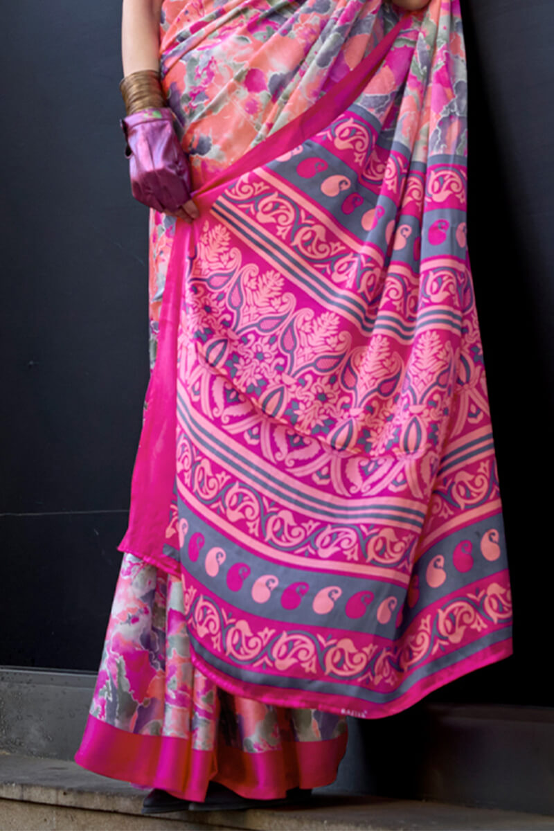 Beautiful Pink Digital Printed Satin Silk Saree With Outstanding Blouse Piece