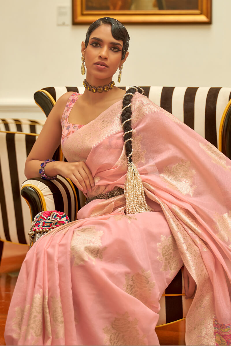 Gratifying Pink Pashmina saree With Staring Blouse Piece