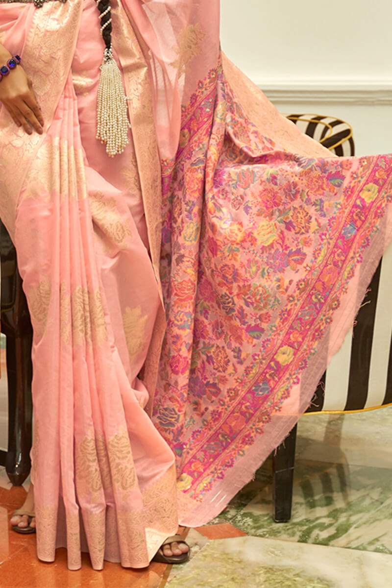 Gratifying Pink Pashmina saree With Staring Blouse Piece