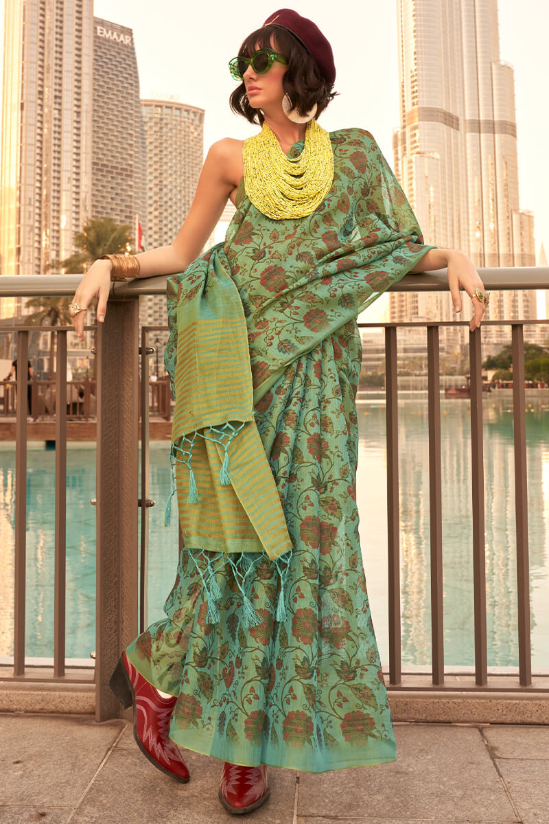 Adorable Green Digital Printed Tissue Silk Saree With Groovy Blouse Piece