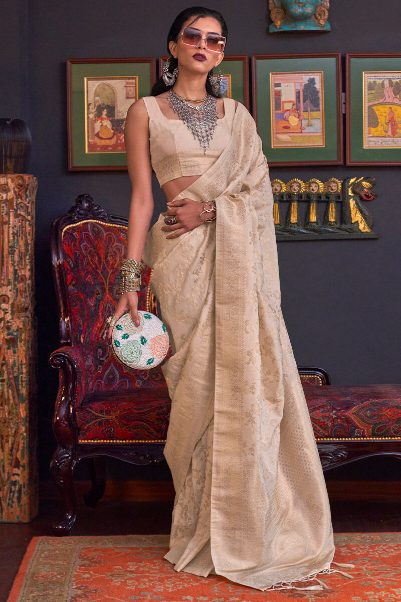 Eclat Beige Soft Banarasi Silk Saree With Pleasurable Blouse Piece