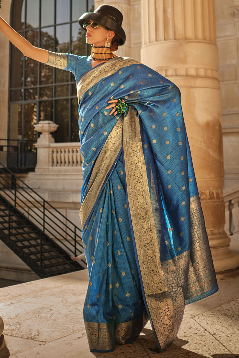 Embrocation Blue Soft Banarasi Silk Saree With Opulent Blouse Piece